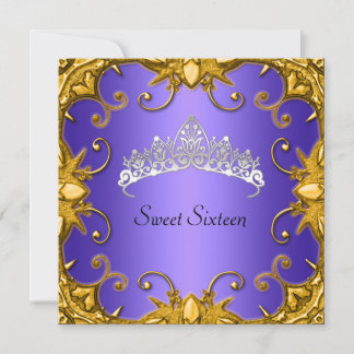 Blue Sweet 16 Birthday Party Gold White Tiara Invitation