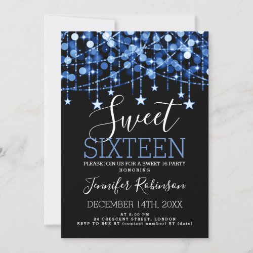 Blue Sweet 16 Birthday Sparkly String Lights Invitation