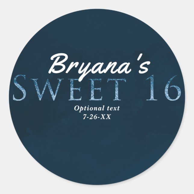 Blue SWEET 16 Chic Elegant Birthday Party Favor Classic Round Sticker (Front)