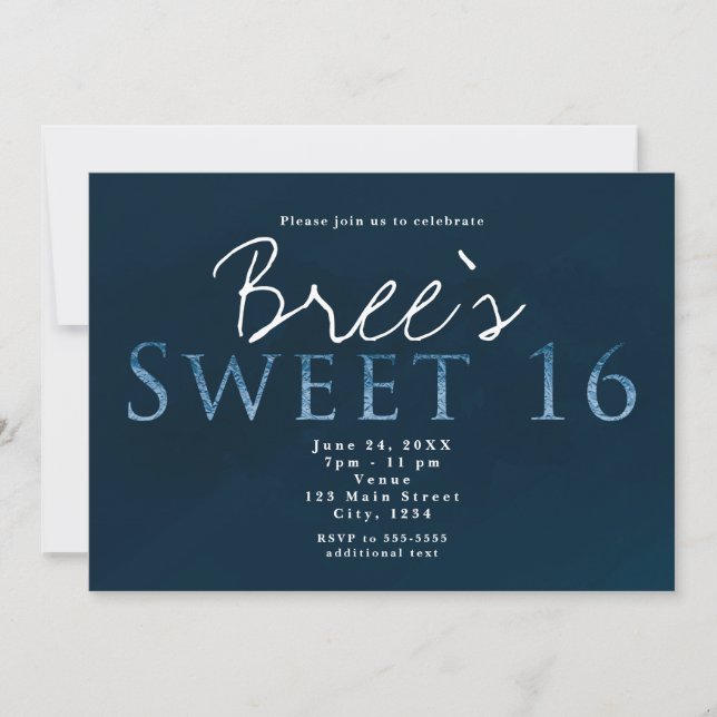 Blue SWEET 16 Chic Elegant Birthday Party Invitation (Front)