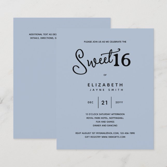 Blue SWEET 16 Modern Elegant Budget Birthday (Front/Back)