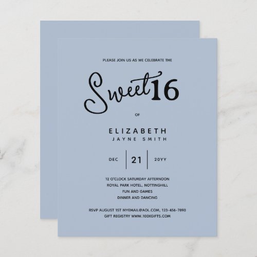 Blue SWEET 16 Modern Elegant Budget Birthday