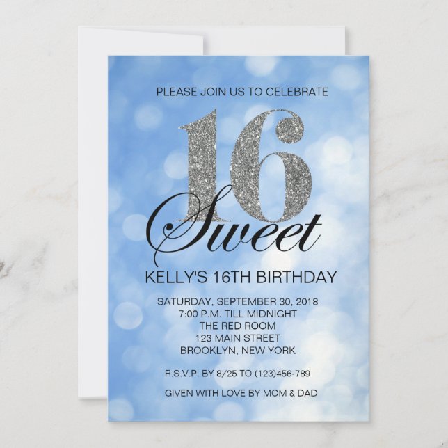Blue Sweet 16 Silver Glitter Lights Invitation (Front)