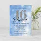 Blue Sweet 16 Silver Glitter Lights Invitation (Standing Front)