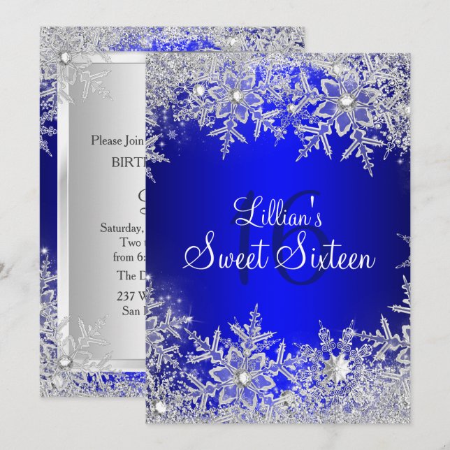 Blue Sweet 16 Snowflake Winter Wonderland Invitation (Front/Back)