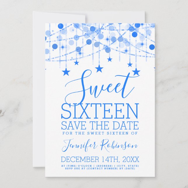 Blue Sweet 16 Sparkly String Lights Save Date Save The Date (Front)