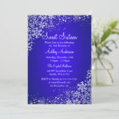 Blue Sweet 16 Winter Wonderland Sparkle Snowflakes Invitation (Standing Front)