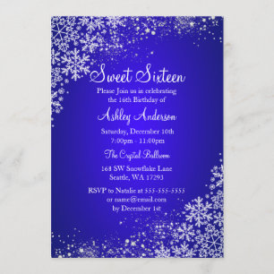 Blue Sweet 16 Winter Wonderland Sparkle Snowflakes Invitation