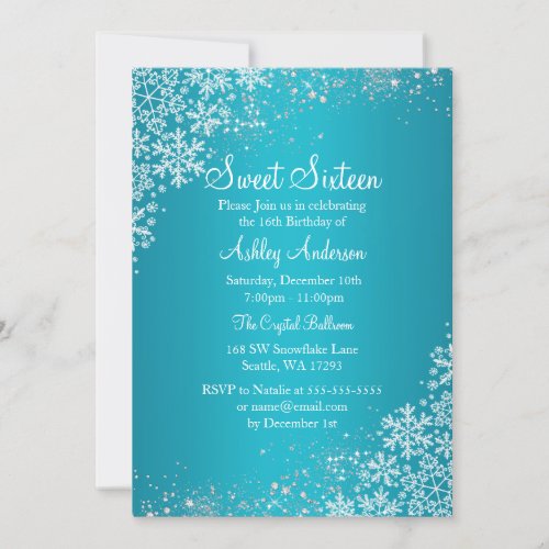 Blue Sweet 16 Winter Wonderland Sparkle Snowflakes Invitation