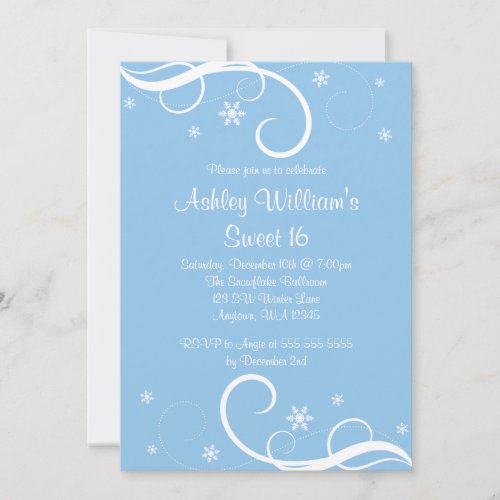 Blue Sweet 16 Winter Wonderland Swirl Snowflakes Personalized Invites