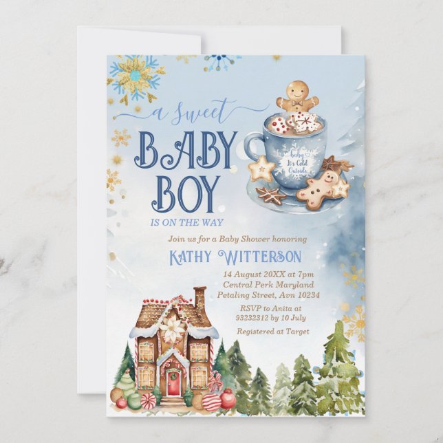 Blue Sweet Baby Boy Gingerbread House Baby Shower Invitation (Front)