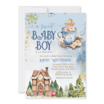 Blue Sweet Baby Boy Gingerbread House Baby Shower Invitation