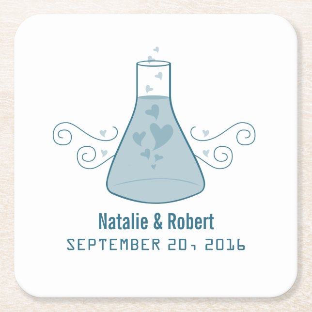 Blue Sweet Chemistry Wedding Paper Coasters (Front)