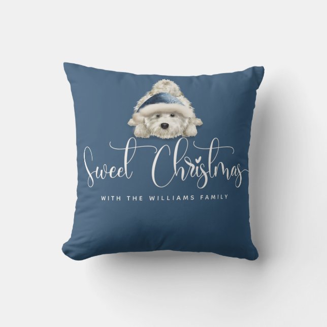 Blue, Sweet Christmas  Cute Festive Westie Puppy Throw Pillow (Front)