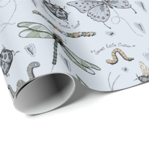  Blue Sweet Little Critter Baby Bugs Insects Kids Wrapping Paper