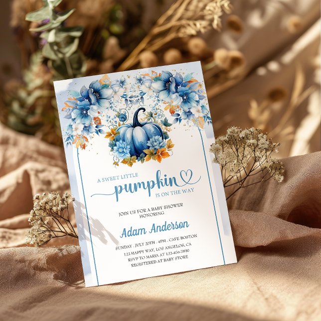 Blue Sweet Little Pumpkin Baby Shower Invitation  (Creator Uploaded)