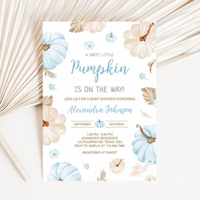 Blue Sweet Little Pumpkin Fall Baby Shower Invitation (Boy Sweet Little Pumpkin Fall Baby Shower Invitation)