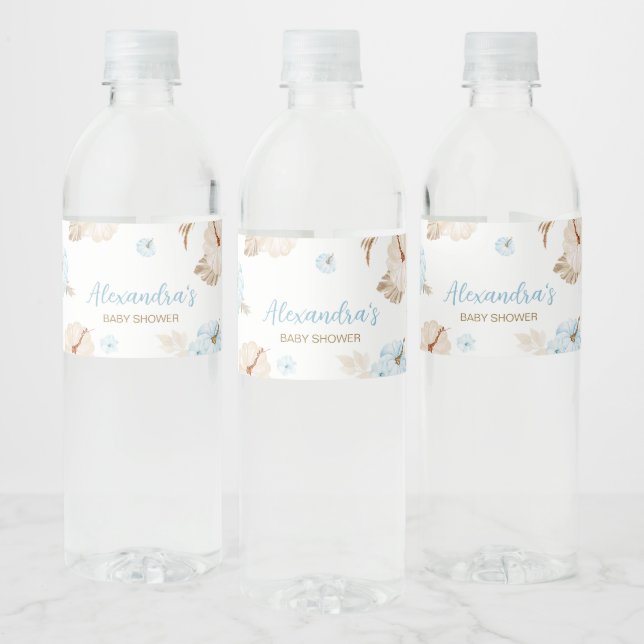 Blue Sweet Little Pumpkin Fall Baby Shower Water Bottle Label (Bottles)