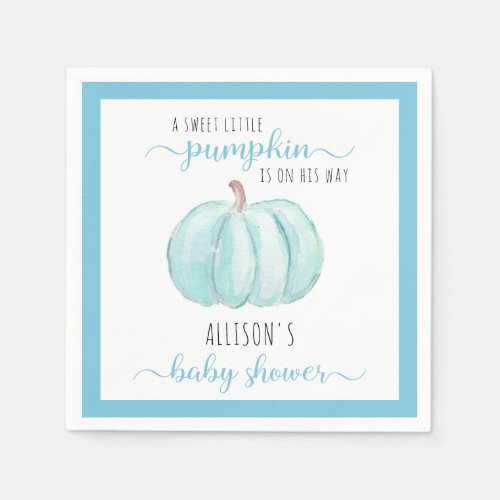 Blue Sweet Little Pumpkin Watercolor Baby Shower Napkins