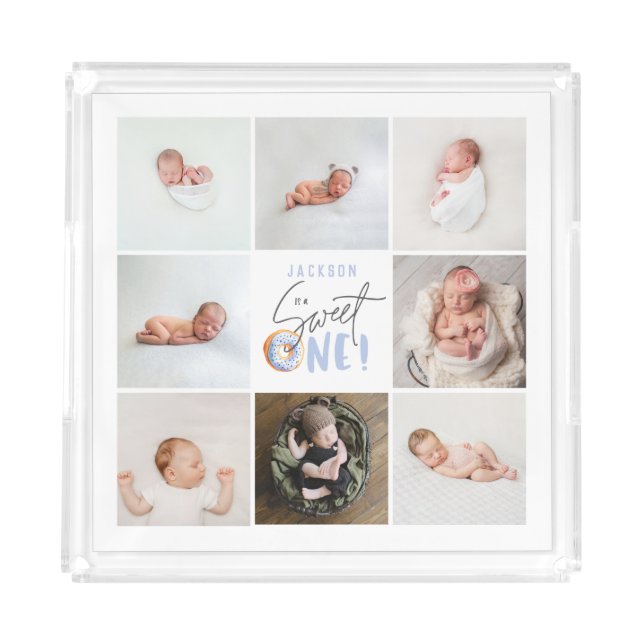  blue sweet one donut 1st birthday multi photo  acrylic tray (Front)