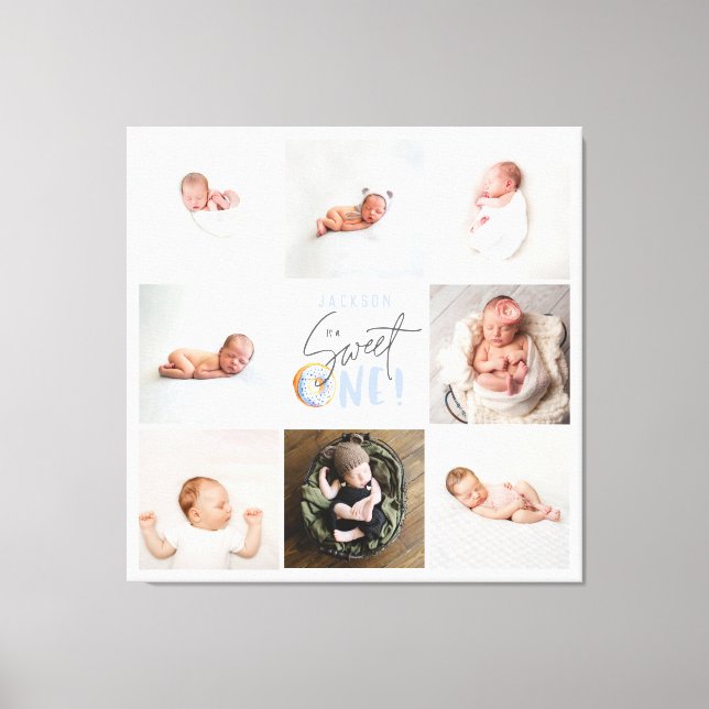 blue sweet one donut 1st birthday multi photo  canvas print (Front)