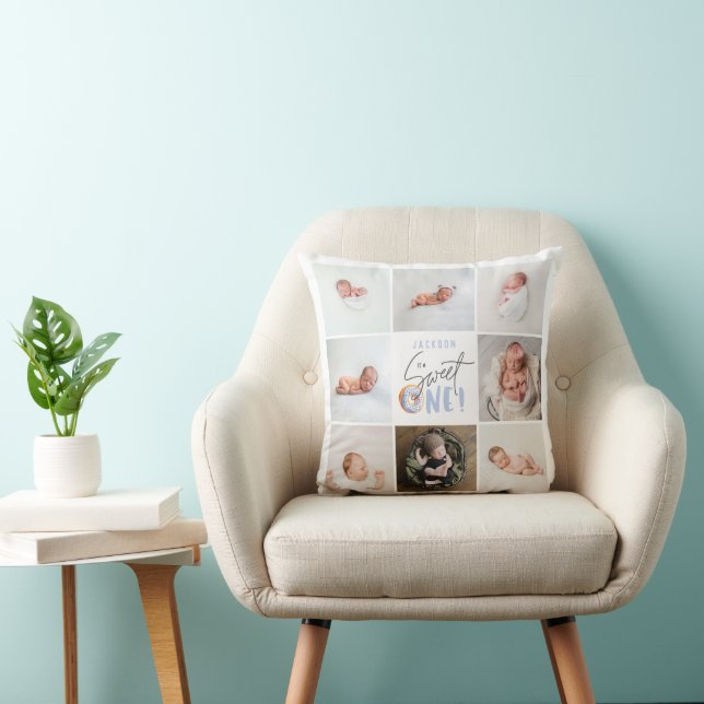 blue sweet one donut 1st birthday multi photo  throw pillow (Chair)