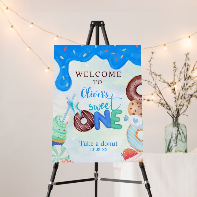 blue Sweet one donut 1st birthday welcome Sign (In Situ (Stand))
