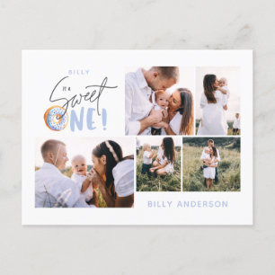 blue sweet one donut birthday multi photo holiday  postcard