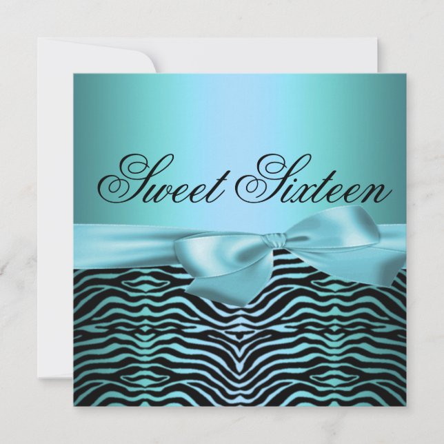 Blue Sweet Sixteen Zebra/Bow Birthday Invitation (Front)