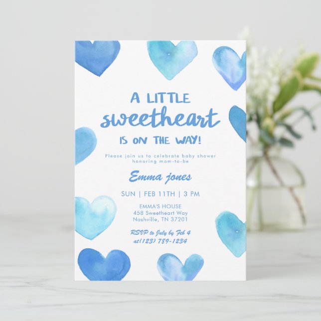 Blue Sweetheart Is On The Way Baby Shower Invitation (Standing Front)