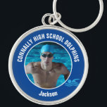 Blue Swim Team Photo High School Swimmer Keychain<br><div class="desc">This cool customized high school swim team photo gift features white typography of your team and player name on a blue keychain with a swimmer icon. Personalize with your swimming student's photograph and class year for a great commemorative keepsake.</div>