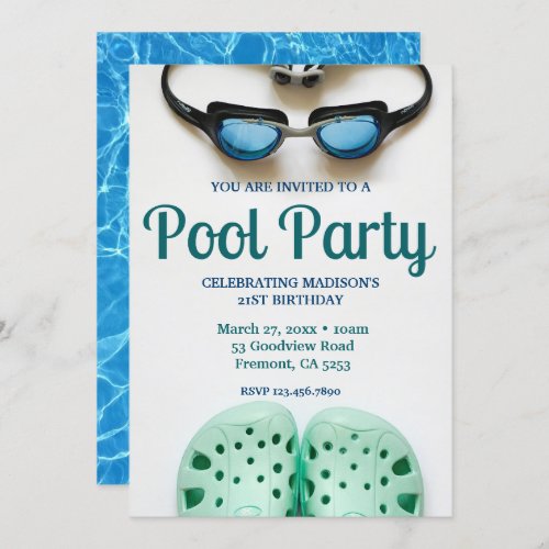 Blue Swimming Goggles Birthday Pool Party Invitation