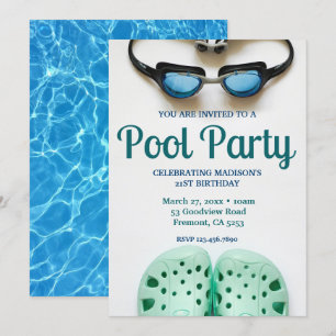 Blue Swimming Goggles Birthday Pool Party Invitation