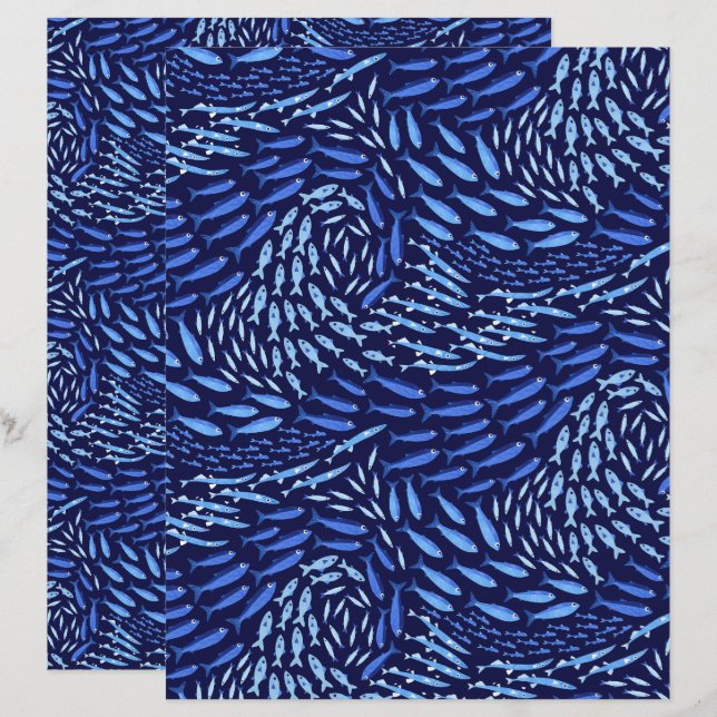 Blue Swimming Ocean Fish - Dark Scrapbook Paper (Front/Back)