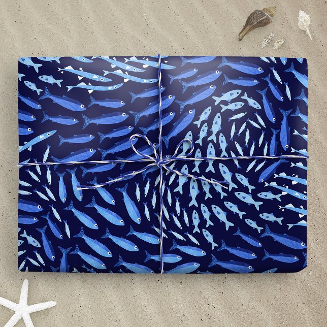 Blue Swimming Ocean Fish - Dark Wrapping Paper (Blue Swimming Ocean Fish - Dark wrapping paper gift mockup)