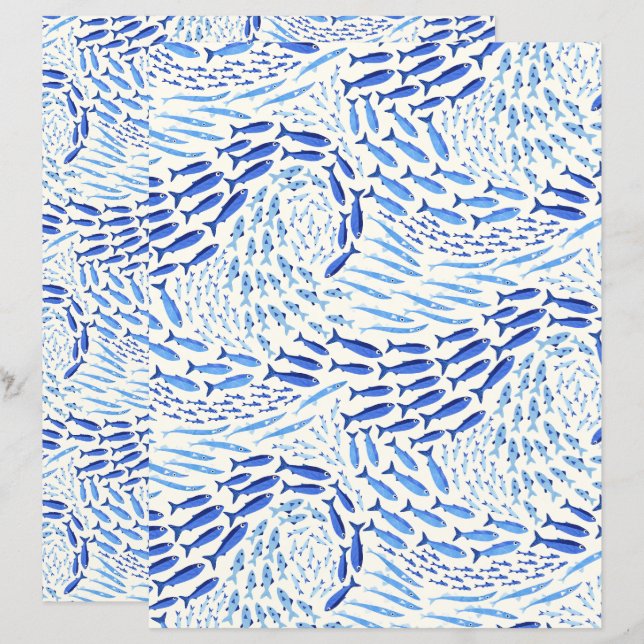 Blue Swimming Ocean Fish - Light Scrapbook Paper (Front/Back)