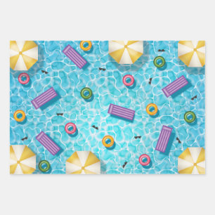 Blue Swimming Pool With Colorful Pool Gear Summer Wrapping Paper Sheets
