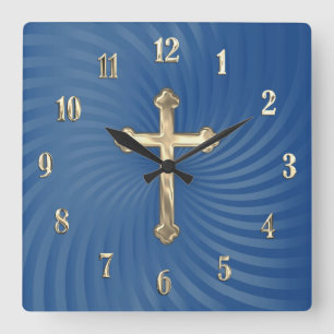 Blue Swirl Background Gold Cross Square Wall Clock