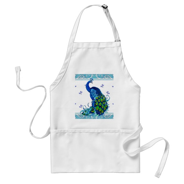 Blue swirl Border and Peacock Design Adult Apron (Front)