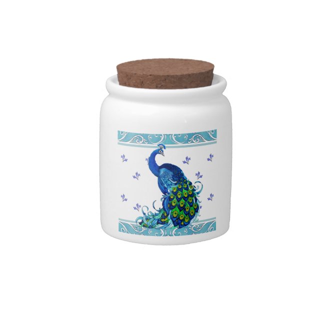 Blue swirl Border and Peacock Design Candy Jar (Front)