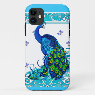 Blue swirl Border and Peacock Design iPhone 11 Case