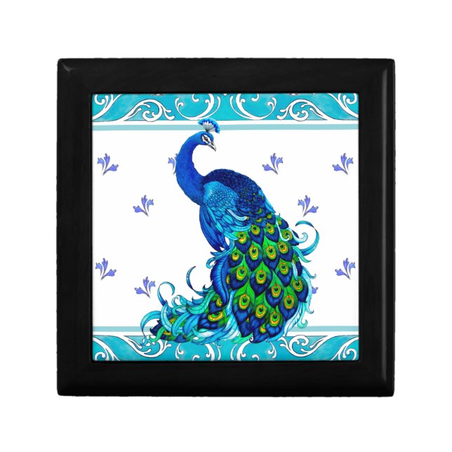 Blue swirl Border and Peacock Design Gift Box (Front)