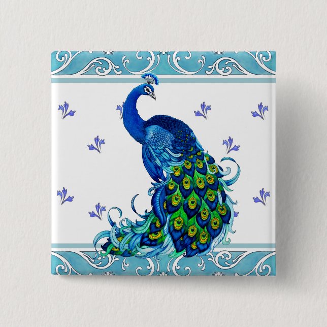 Blue swirl Border and Peacock Design Pinback Button (Front)
