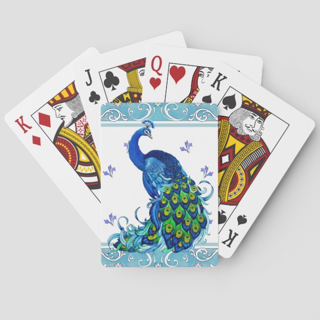 Blue swirl Border and Peacock Design Poker Cards (Back)