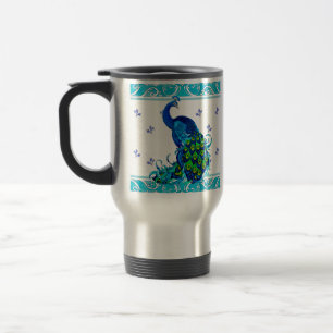 Blue swirl Border and Peacock Design Travel Mug