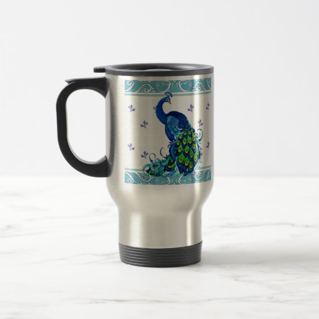 Blue swirl Border and Peacock Design Travel Mug (Left)