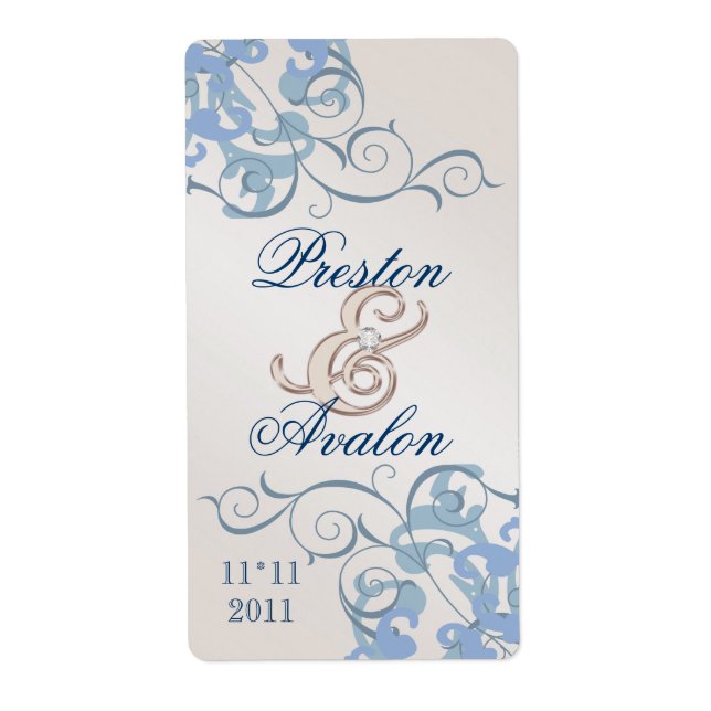 Blue Swirl Champagne Jeweled Blue Wine Label (Front)