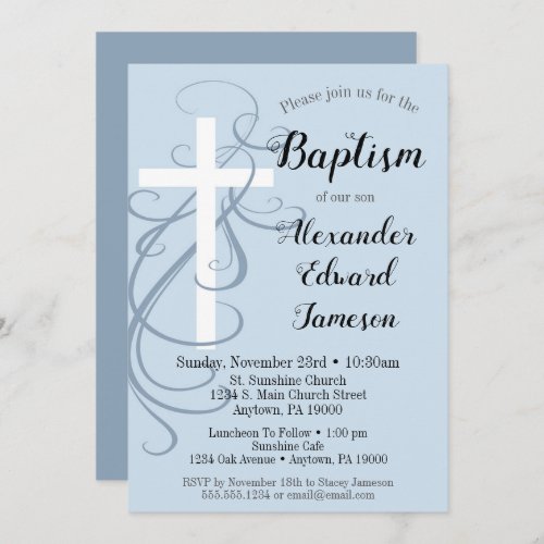 Blue Swirl Cross Baptism Invitation Boys
