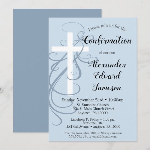 Blue Swirl Cross Confirmation Invitation Boy's