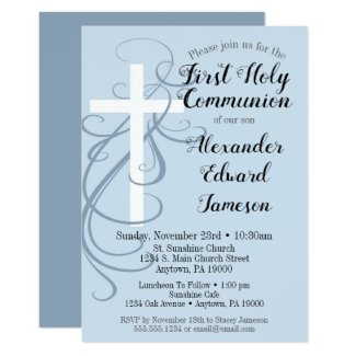 Blue Swirl Cross First Holy Communion Invitation